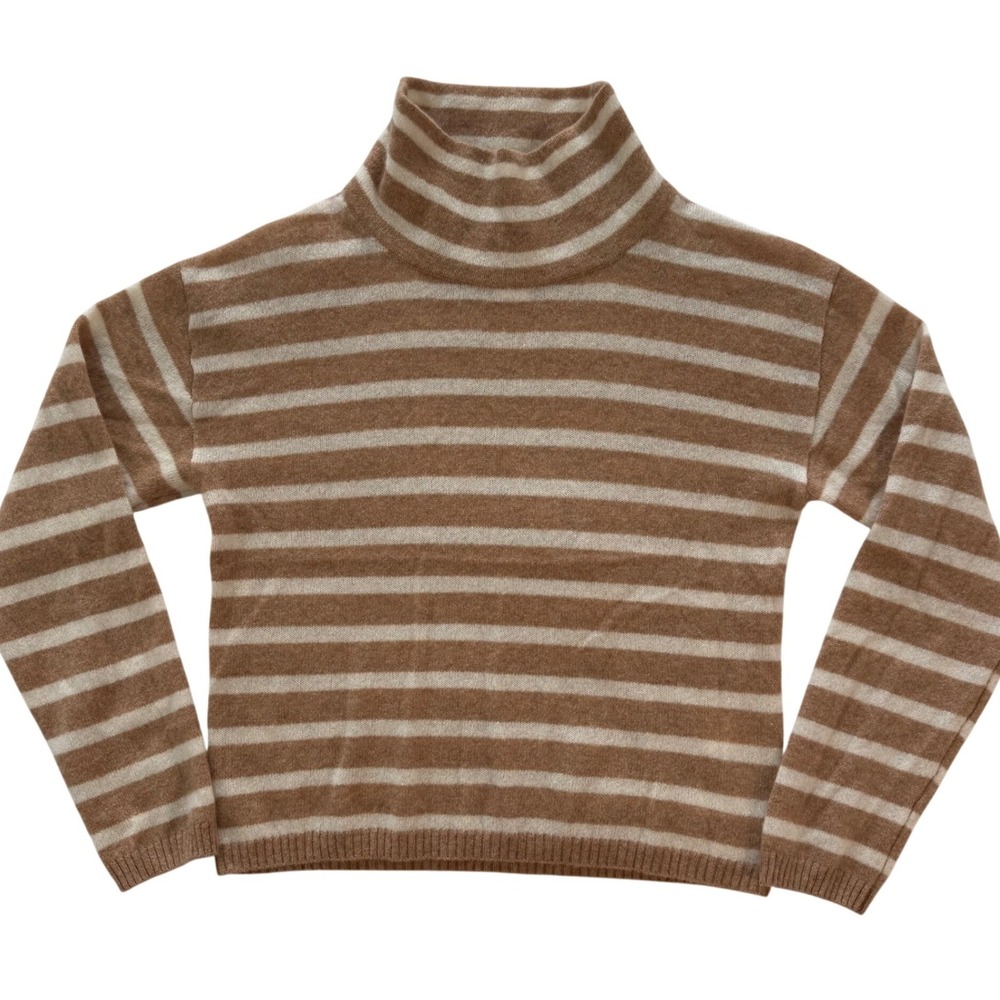 Halston 100% 2-Ply Cashmere Striped neutral Turtleneck Sweater medium tan cream